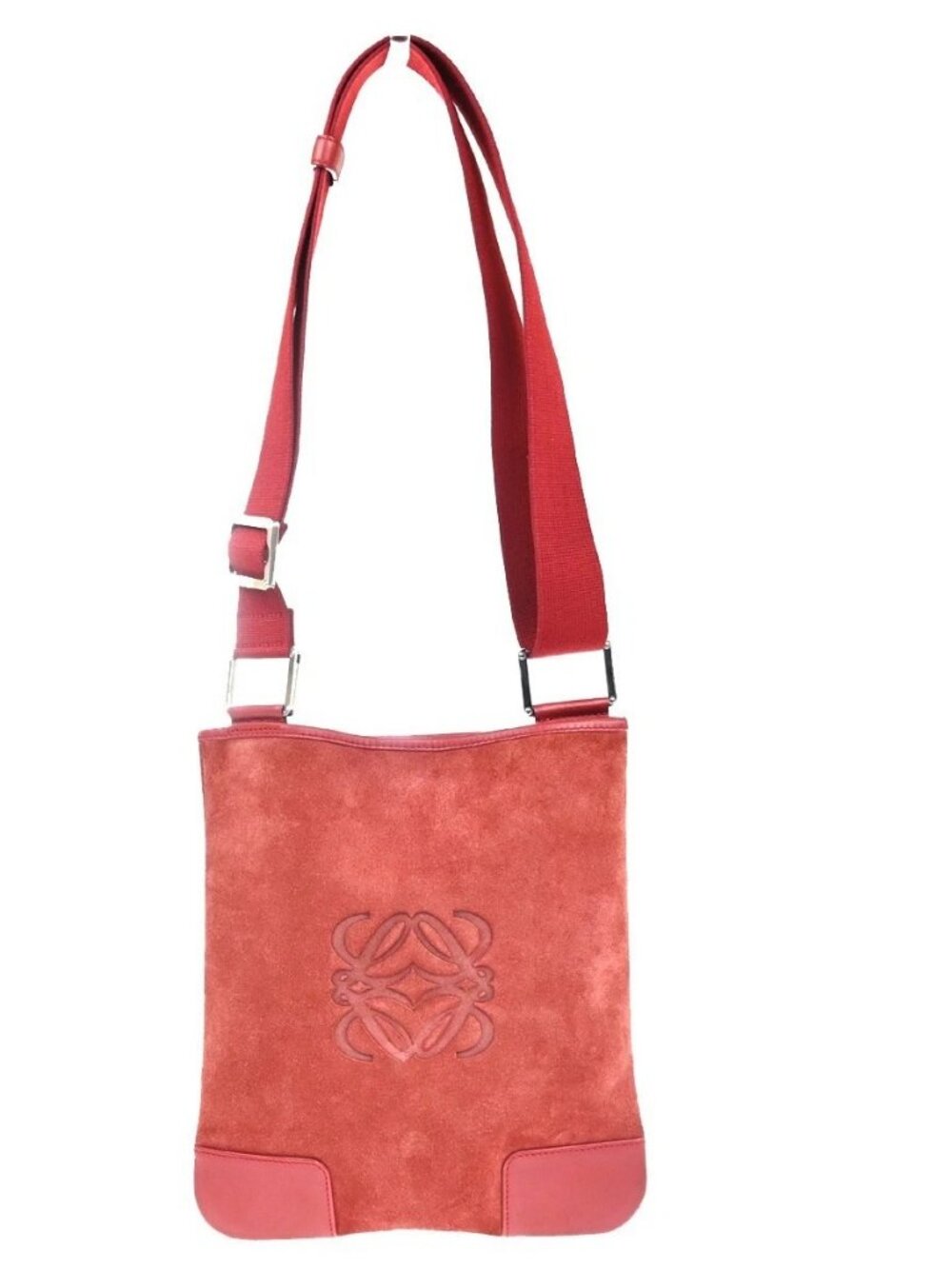 LOEWE Logo Anagram Crossbody Shoulder Bag Suede Leather Red SHW Spain 34KD045